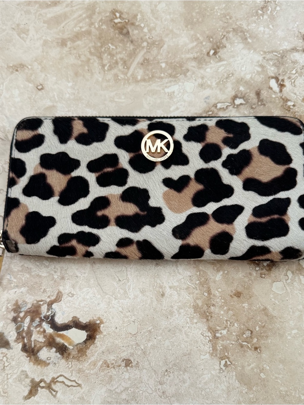 🔥Michael Kors Leopard Print Calf Hair Continental Wallet, Gold Zipper & Hardware